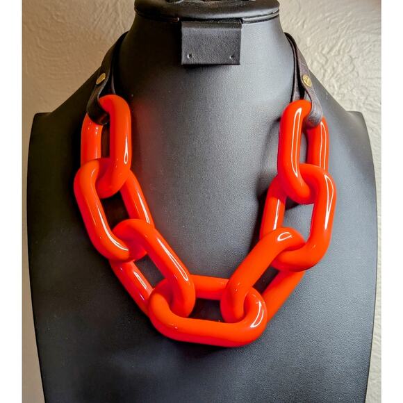 RARE Stamped BEN AMUN Orange Lucite Large Cuban Link Chain 22" Necklace